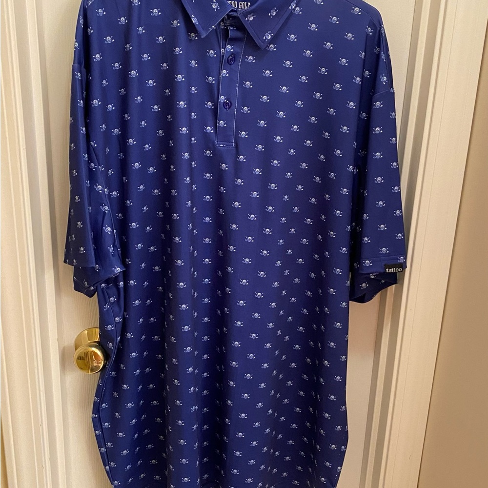 Tattoo Golf blue short sleeve polo shirt skull print cool stretch fabric